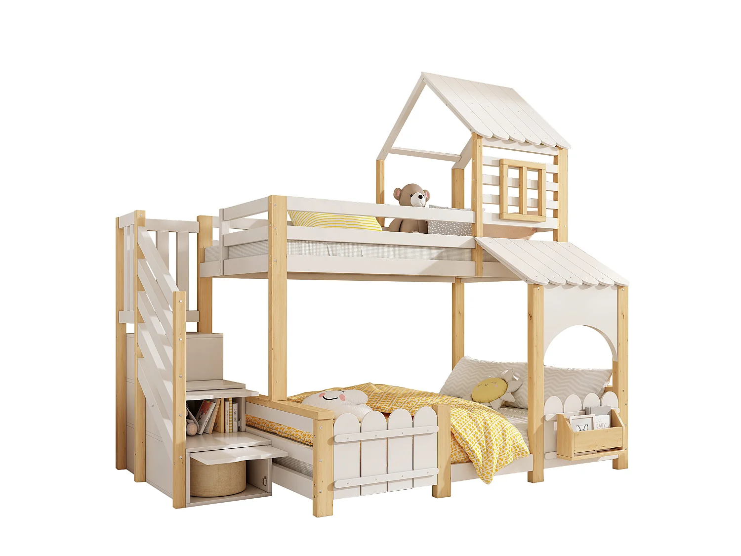 Lit superposé enfant 90x200+140x200 cm - échelle de rangement - avec baldaquin et protection antichute - blanc et naturel (sans matelas)