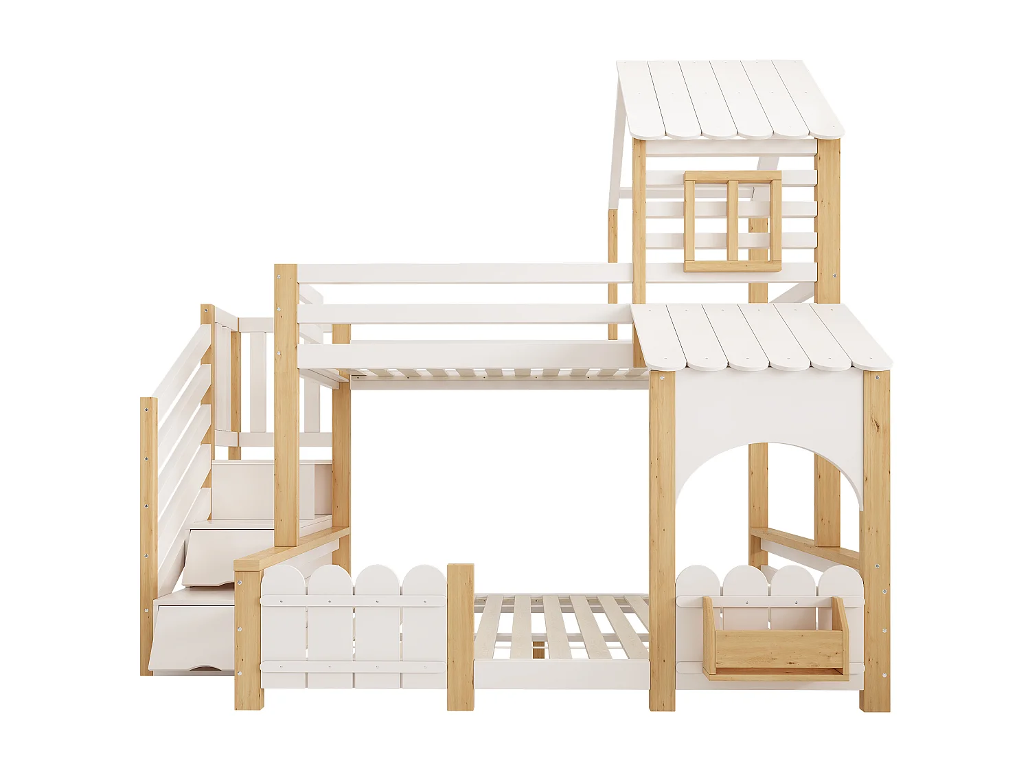Lit superposé enfant 90x200+140x200 cm - échelle de rangement - avec baldaquin et protection antichute - blanc et naturel (sans matelas)