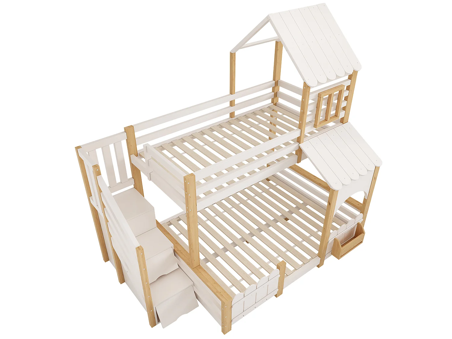 Lit superposé enfant 90x200+140x200 cm - échelle de rangement - avec baldaquin et protection antichute - blanc et naturel (sans matelas)