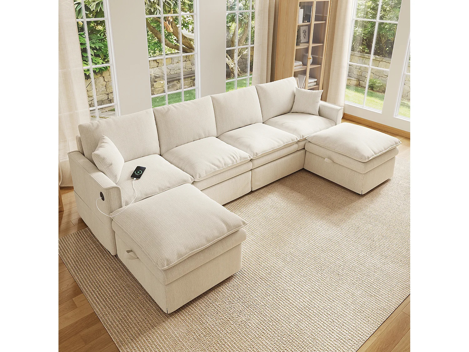 Hoekbank 6 zitplaatsen in U/L-vorm 277 × 80 × 135 cm - 2 afneembare opbergpoefs en 2 kussens - katoen en linnen - beige