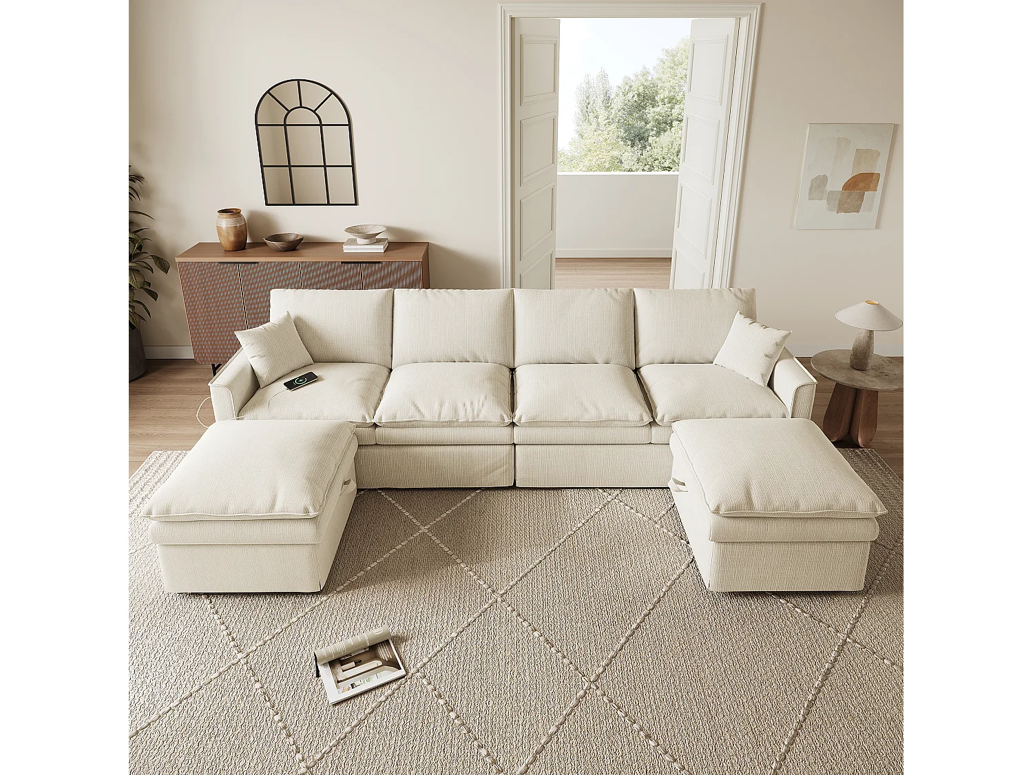 Hoekbank 6 zitplaatsen in U/L-vorm 277 × 80 × 135 cm - 2 afneembare opbergpoefs en 2 kussens - katoen en linnen - beige
