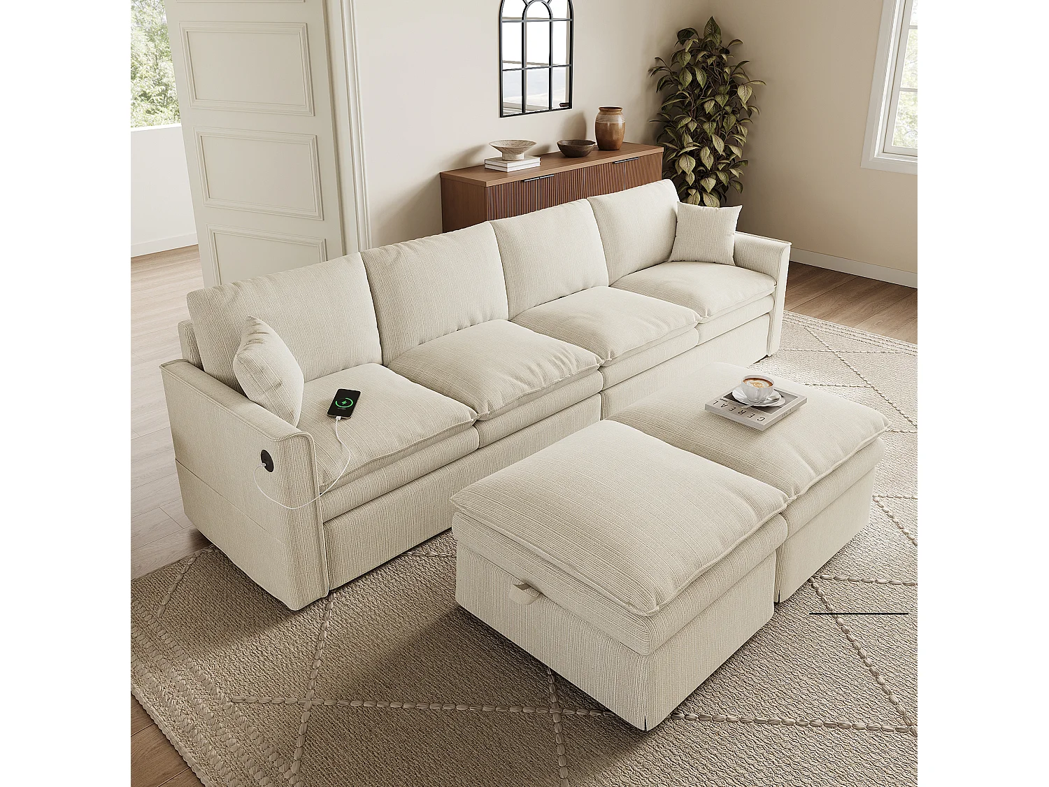 Hoekbank 6 zitplaatsen in U/L-vorm 277 × 80 × 135 cm - 2 afneembare opbergpoefs en 2 kussens - katoen en linnen - beige