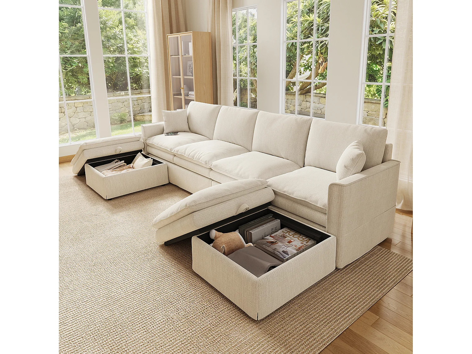 Hoekbank 6 zitplaatsen in U/L-vorm 277 × 80 × 135 cm - 2 afneembare opbergpoefs en 2 kussens - katoen en linnen - beige