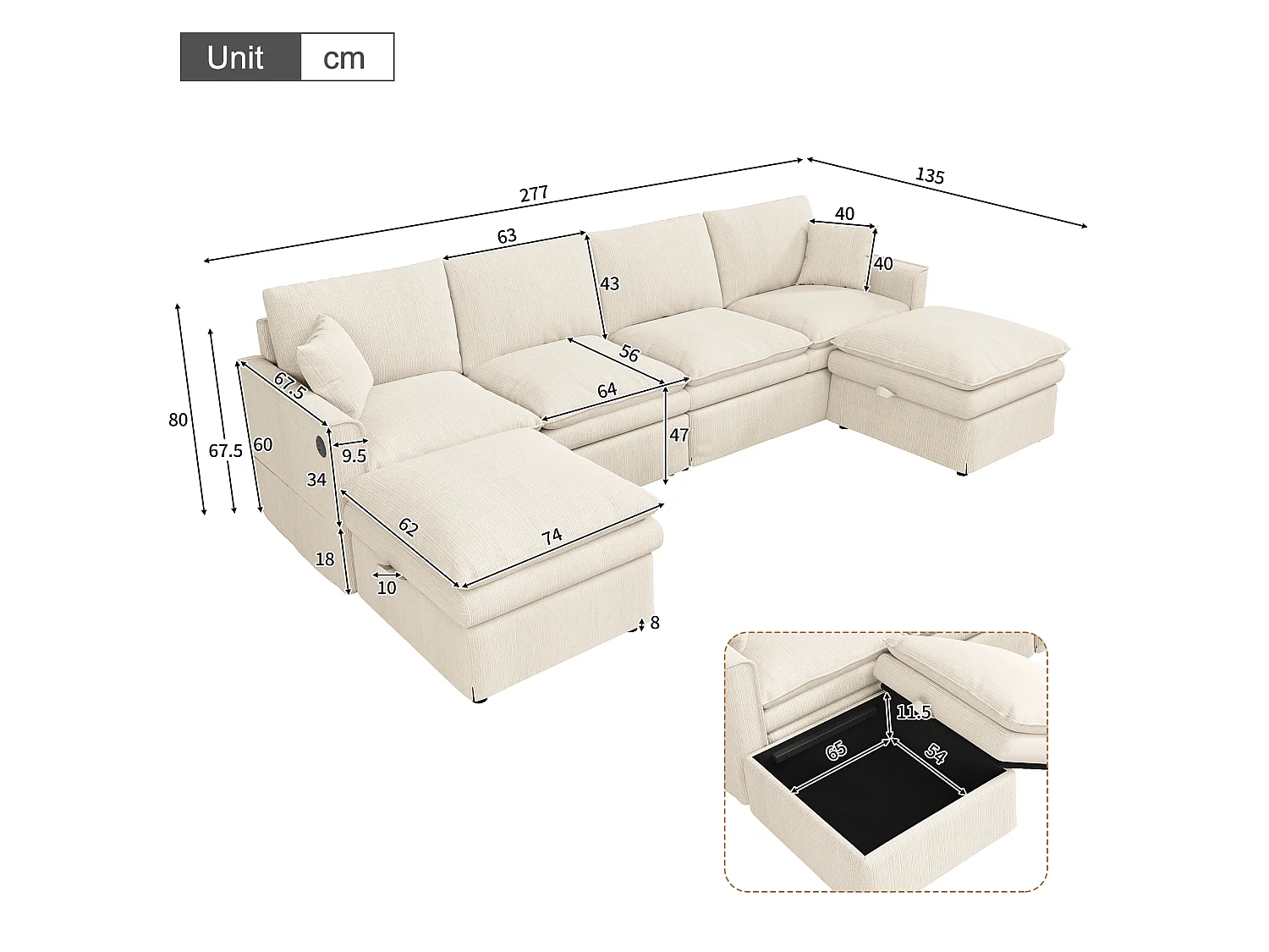 Hoekbank 6 zitplaatsen in U/L-vorm 277 × 80 × 135 cm - 2 afneembare opbergpoefs en 2 kussens - katoen en linnen - beige