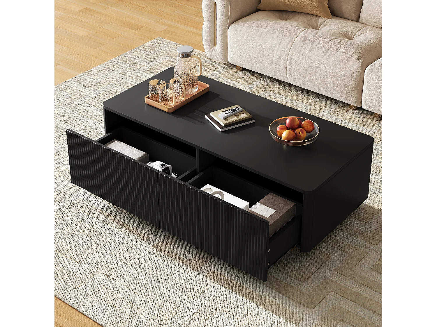 Moderne sofabord 110x50x35 cm - Med 2 skuffer og åbne hylder - Afrundede hjørner - MDF + spånplader - Sort