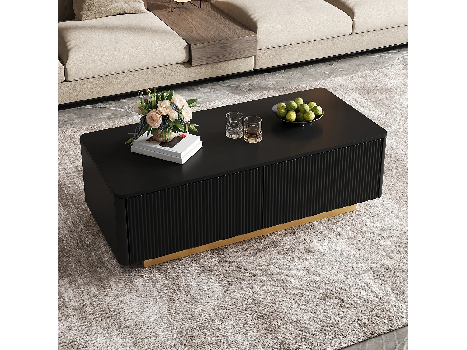 Moderne sofabord 110x50x35 cm - Med 2 skuffer og åbne hylder - Afrundede hjørner - MDF + spånplader - Sort