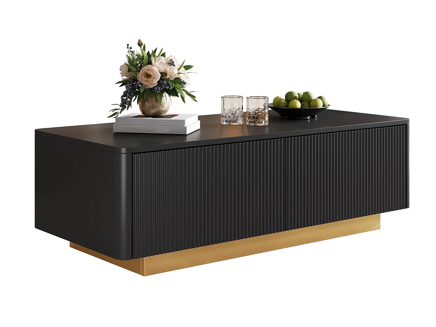 Moderne sofabord 110x50x35 cm - Med 2 skuffer og åbne hylder - Afrundede hjørner - MDF + spånplader - Sort