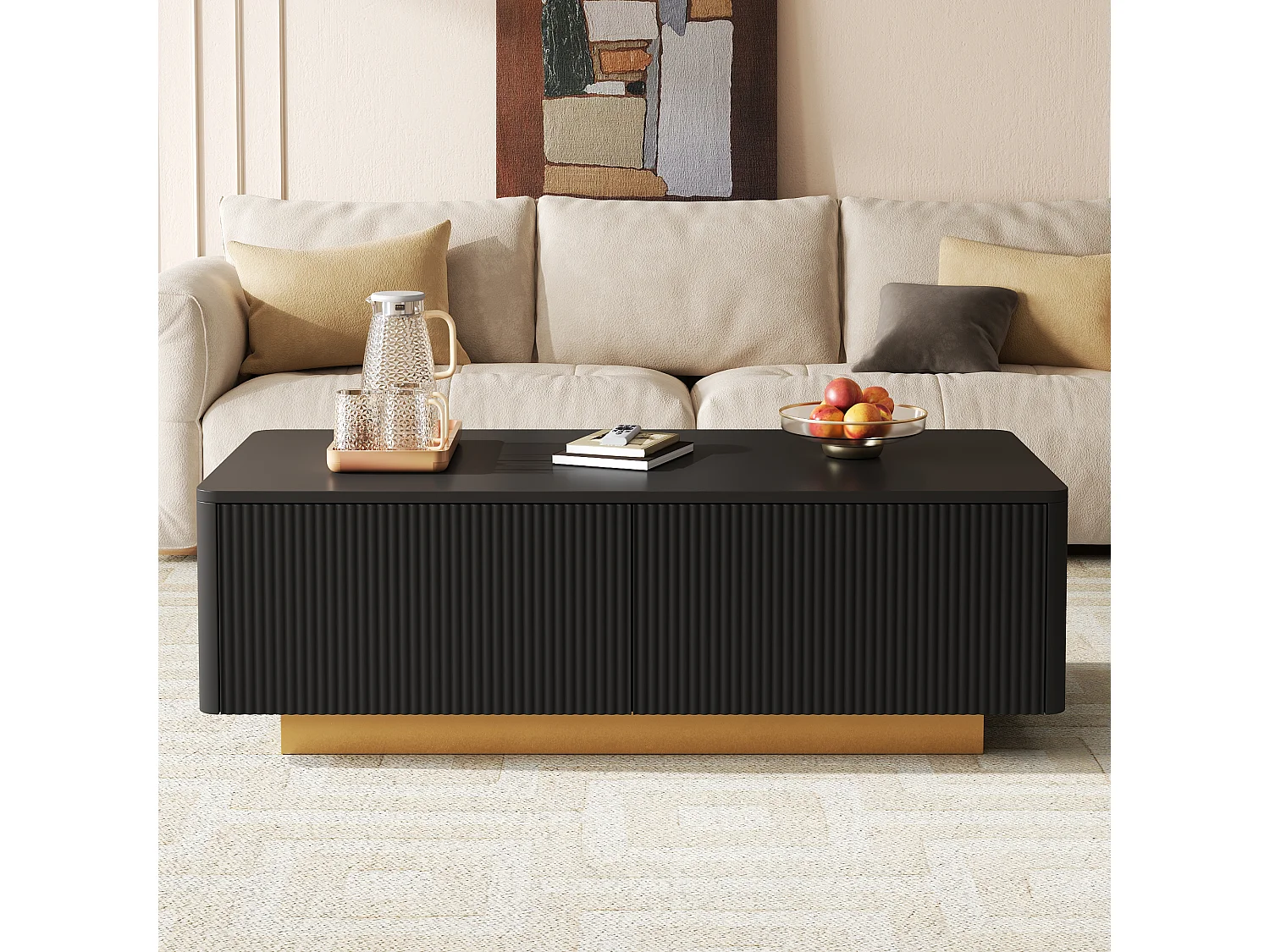 Moderne sofabord 110x50x35 cm - Med 2 skuffer og åbne hylder - Afrundede hjørner - MDF + spånplader - Sort
