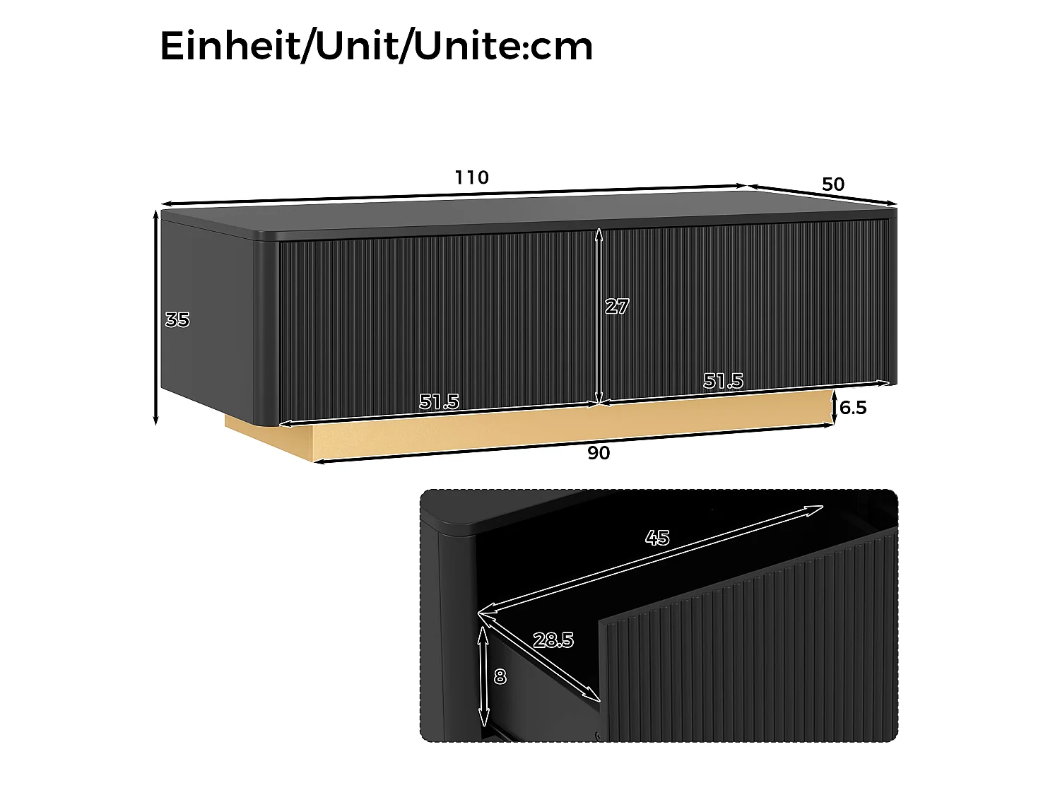 Moderne sofabord 110x50x35 cm - Med 2 skuffer og åbne hylder - Afrundede hjørner - MDF + spånplader - Sort