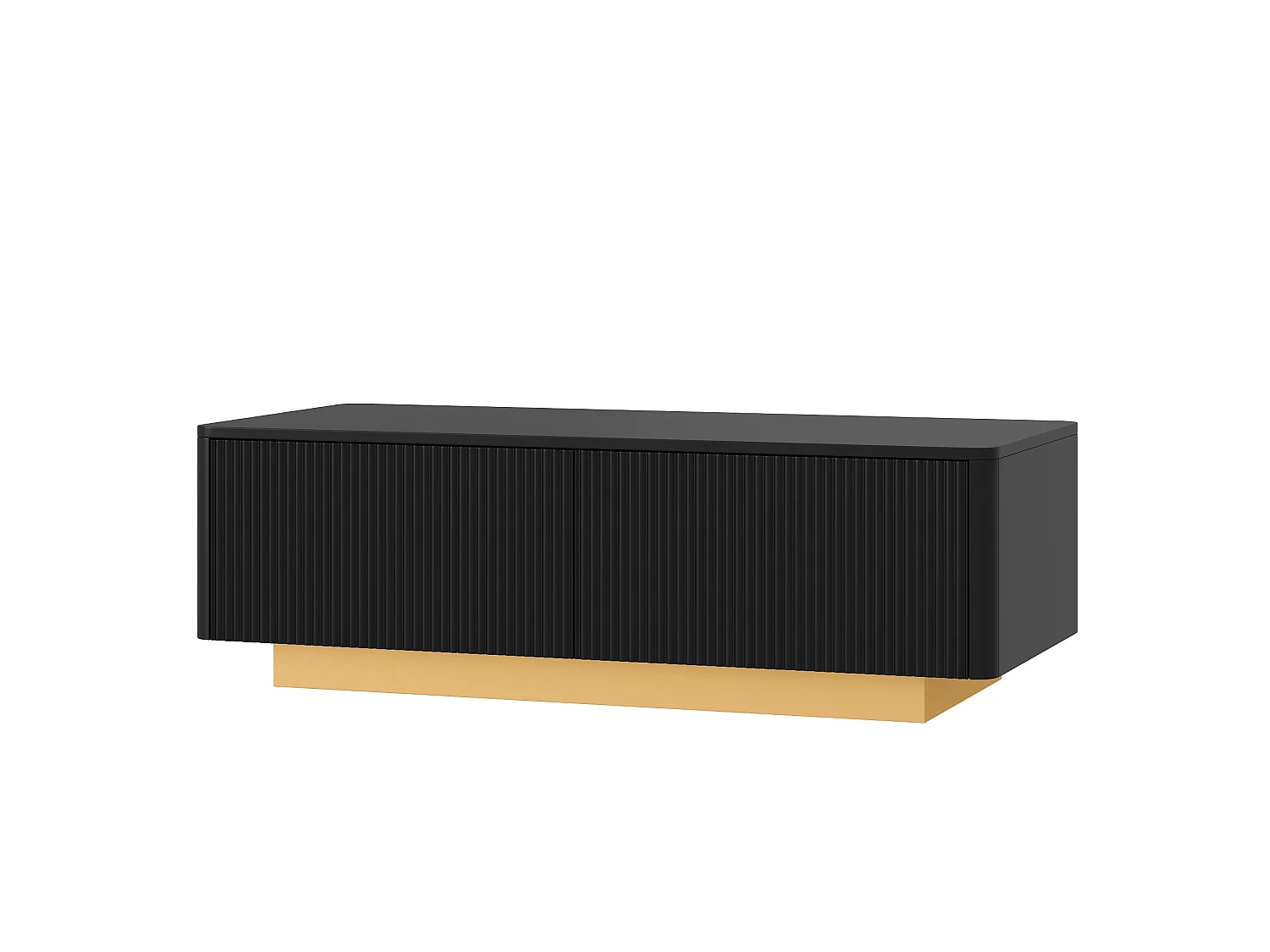 Moderne sofabord 110x50x35 cm - Med 2 skuffer og åbne hylder - Afrundede hjørner - MDF + spånplader - Sort