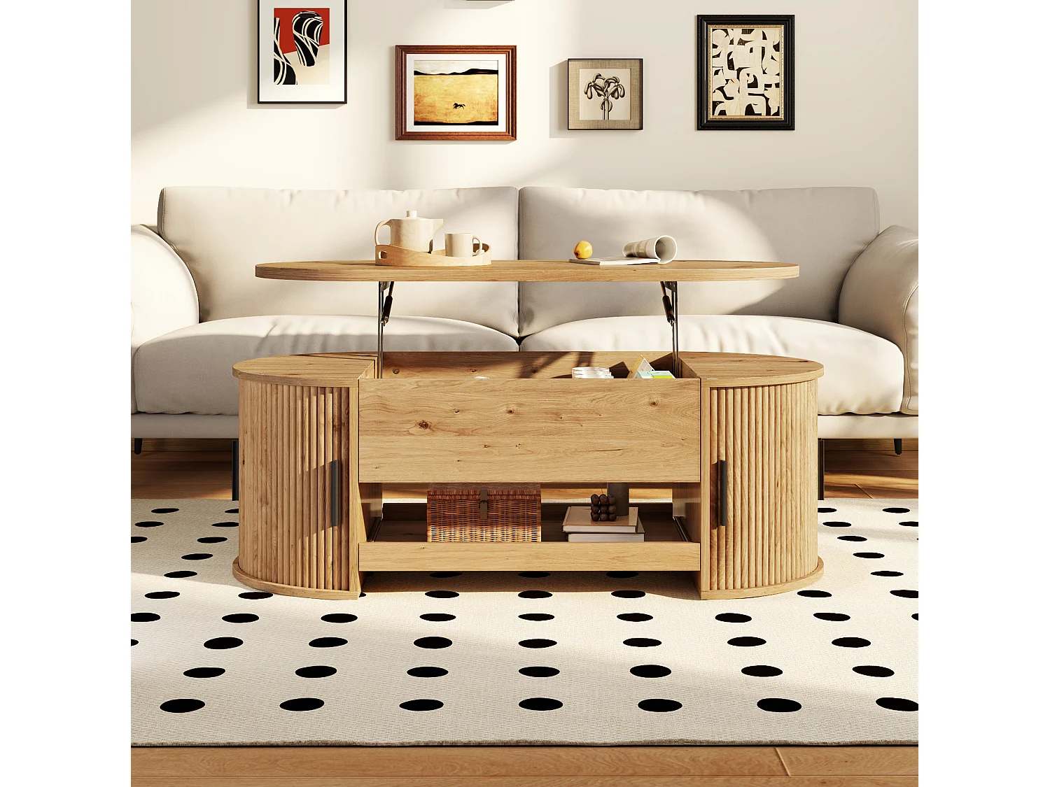 Table basse ovale relevable 110x55x55cm - 2 portes coulissantes et 1 étagère coulissante - Design texturé rainuré - MDF - Naturel