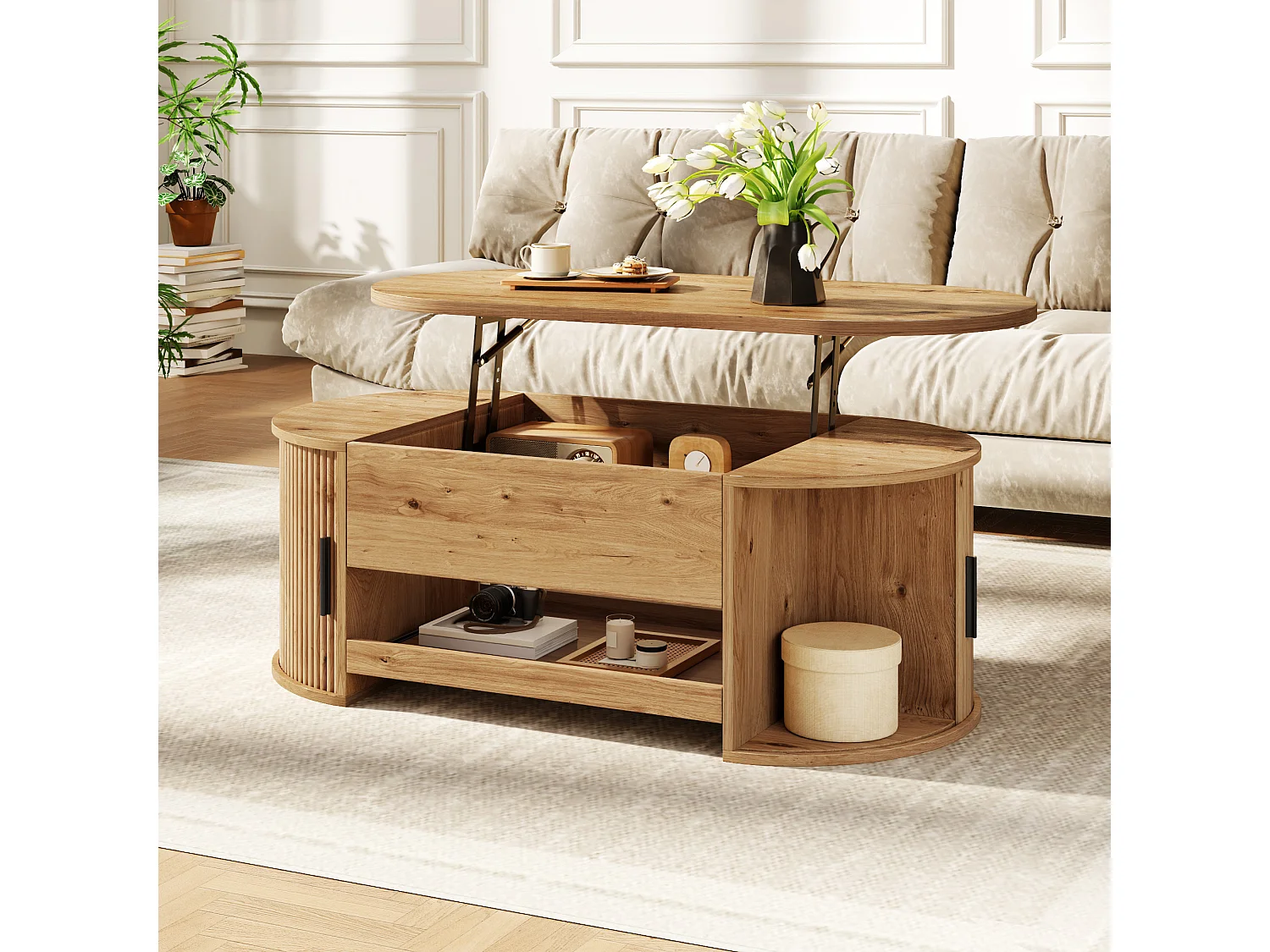 Table basse ovale relevable 110x55x55cm - 2 portes coulissantes et 1 étagère coulissante - Design texturé rainuré - MDF - Naturel