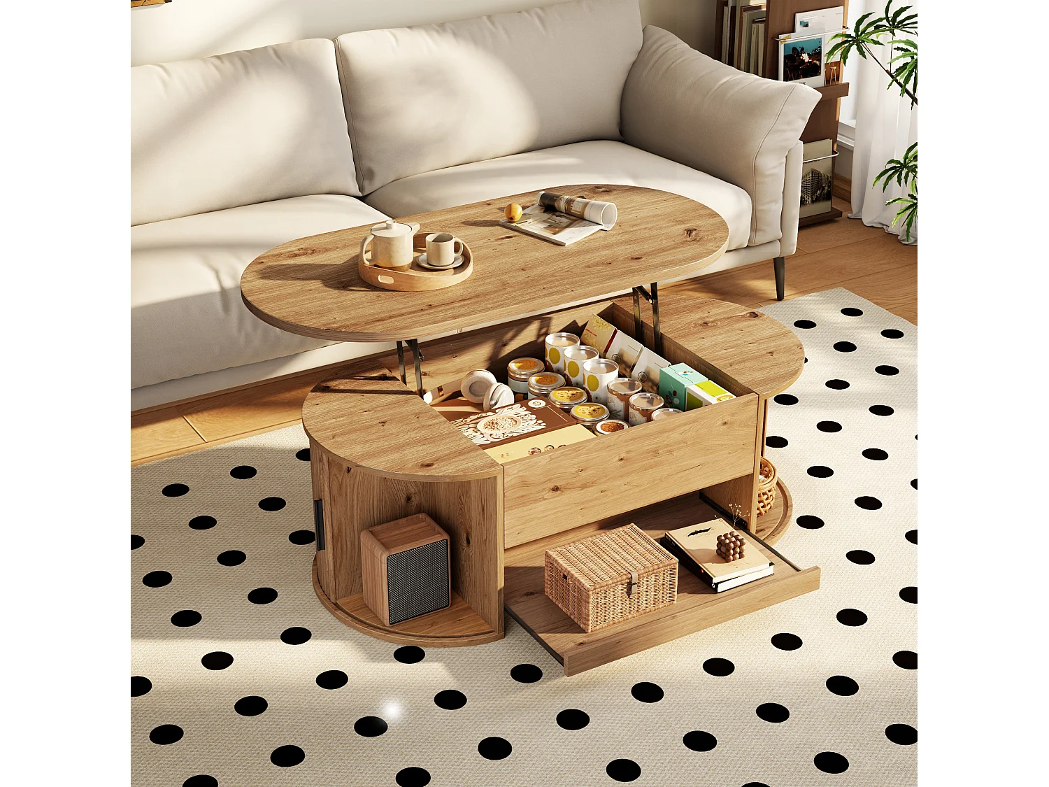 Table basse ovale relevable 110x55x55cm - 2 portes coulissantes et 1 étagère coulissante - Design texturé rainuré - MDF - Naturel