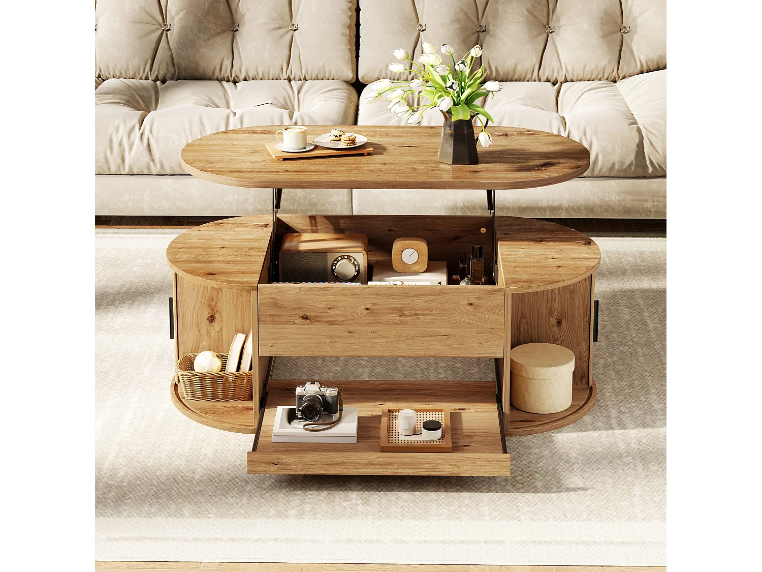 Table basse ovale relevable 110x55x55cm - 2 portes coulissantes et 1 étagère coulissante - Design texturé rainuré - MDF - Naturel