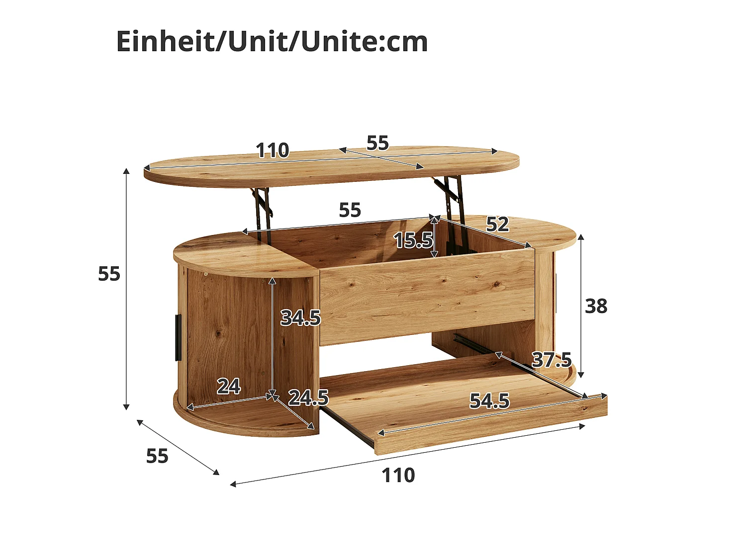 Table basse ovale relevable 110x55x55cm - 2 portes coulissantes et 1 étagère coulissante - Design texturé rainuré - MDF - Naturel