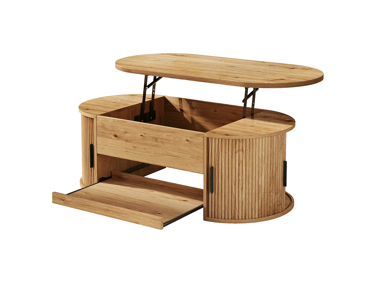 Table basse ovale relevable 110x55x55cm - 2 portes coulissantes et 1 étagère coulissante - Design texturé rainuré - MDF - Naturel
