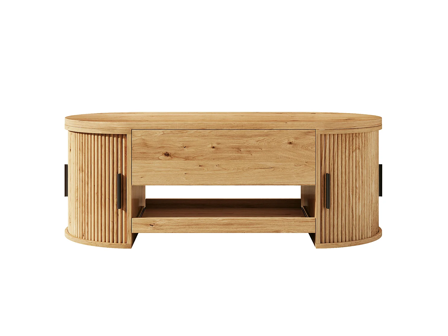 Table basse ovale relevable 110x55x55cm - 2 portes coulissantes et 1 étagère coulissante - Design texturé rainuré - MDF - Naturel