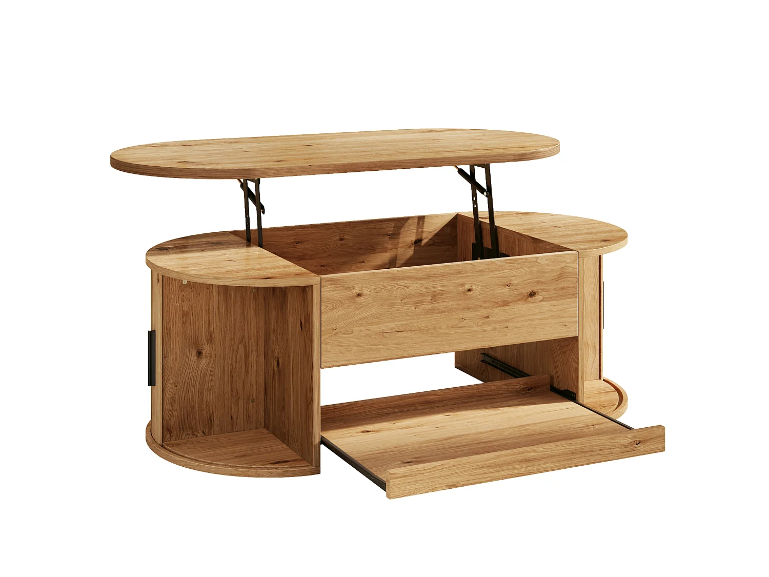 Table basse ovale relevable 110x55x55cm - 2 portes coulissantes et 1 étagère coulissante - Design texturé rainuré - MDF - Naturel