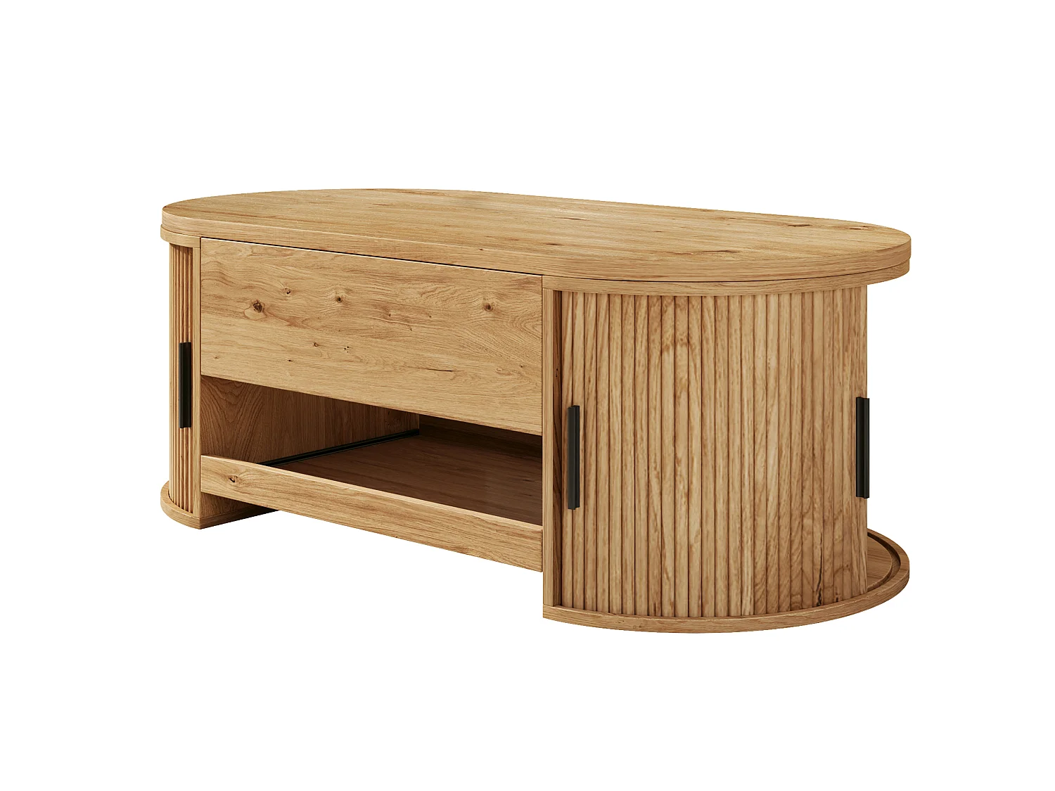 Table basse ovale relevable 110x55x55cm - 2 portes coulissantes et 1 étagère coulissante - Design texturé rainuré - MDF - Naturel