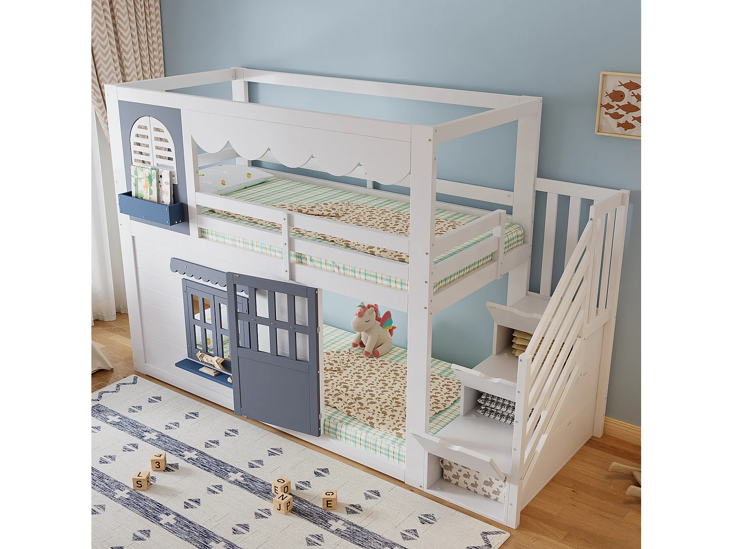Våningssäng barn 90x200 cm - med förvaringsstege - dörrar och fönster öppningsbara - Massivt trä + MDF - Vit (utan madrass)