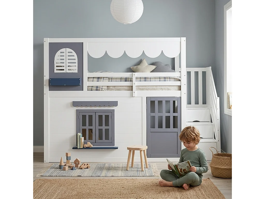 Våningssäng barn 90x200 cm - med förvaringsstege - dörrar och fönster öppningsbara - Massivt trä + MDF - Vit (utan madrass)