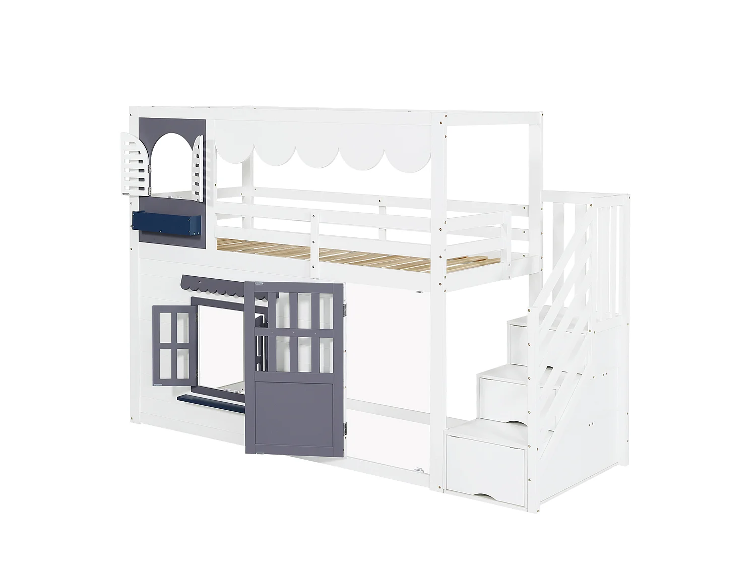 Våningssäng barn 90x200 cm - med förvaringsstege - dörrar och fönster öppningsbara - Massivt trä + MDF - Vit (utan madrass)