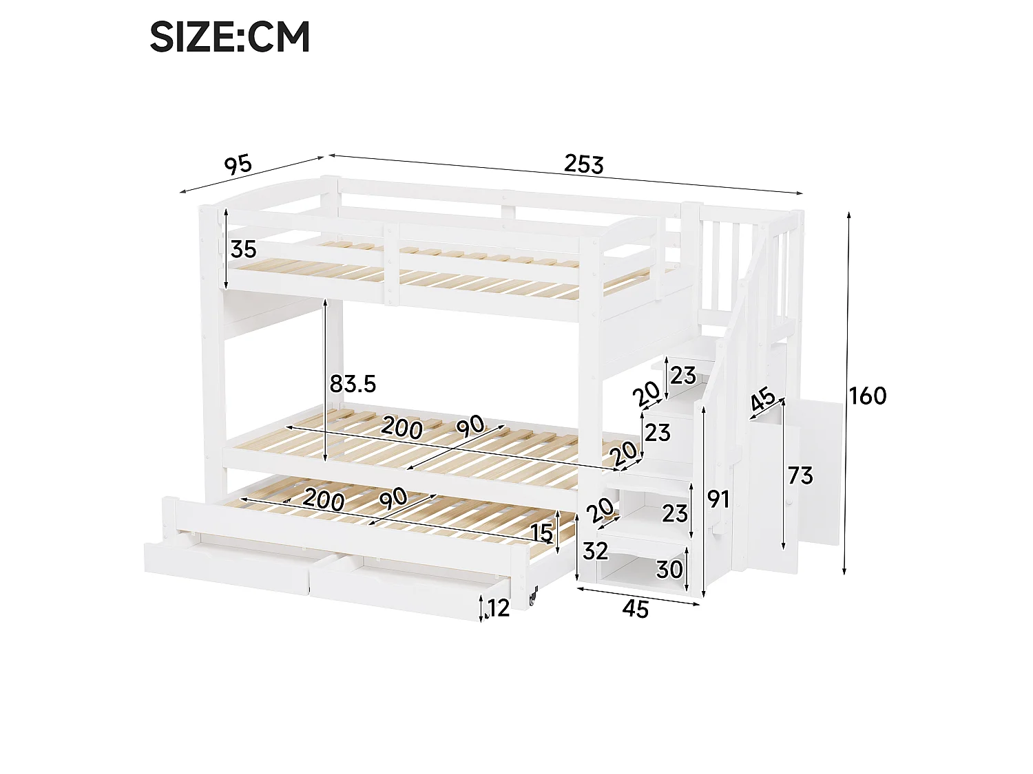 Våningssäng 90 x 200 cm - Med utdragssäng och 2 lådor - Förvaringsstege i flera nivåer och garderob - Vit (Madrass ingår ej)