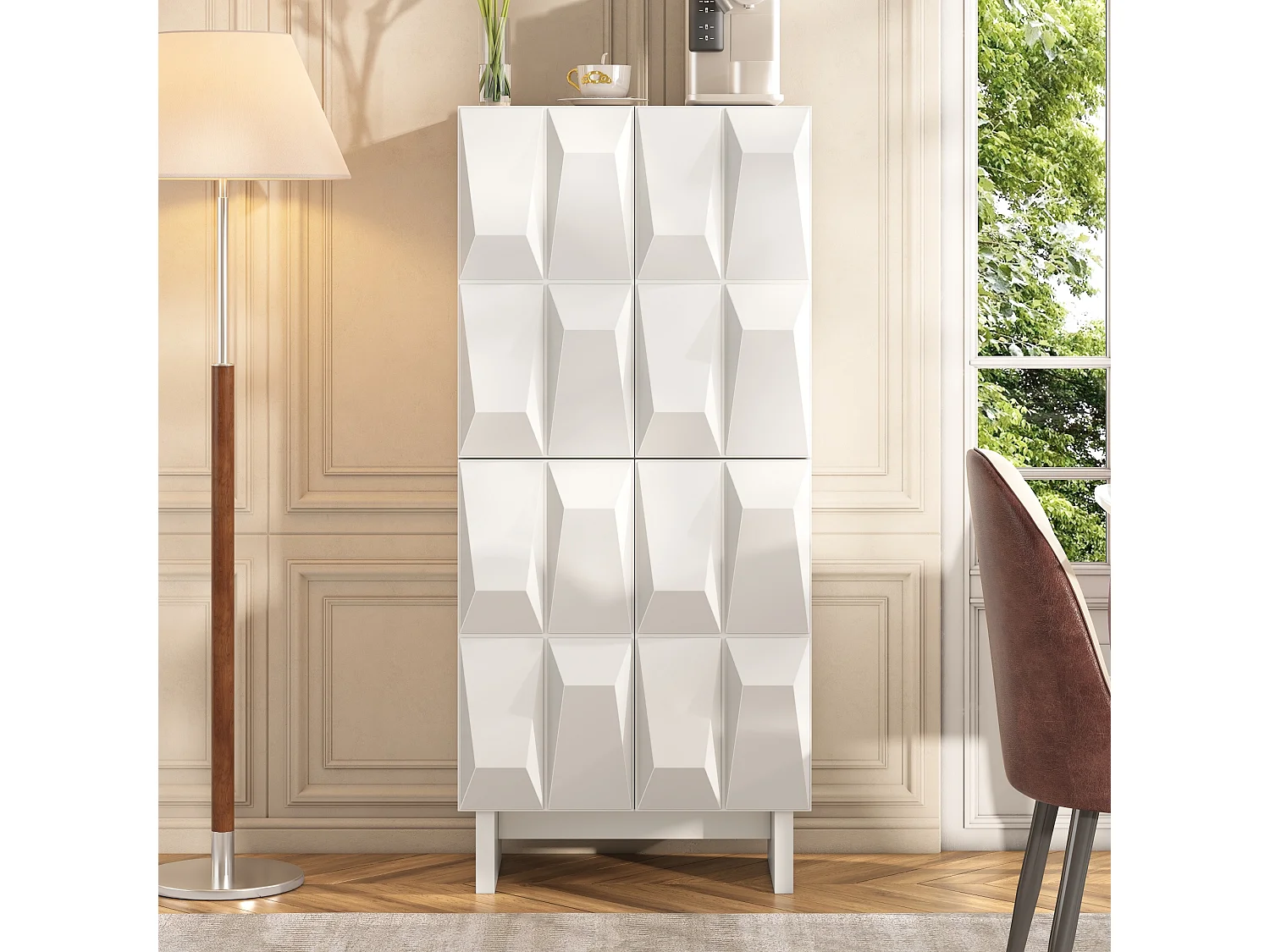 Buffet/Móvel para sapatos - Com 4 portas com decoração em relevo e prateleiras ajustáveis - Painéis de partículas - Branco