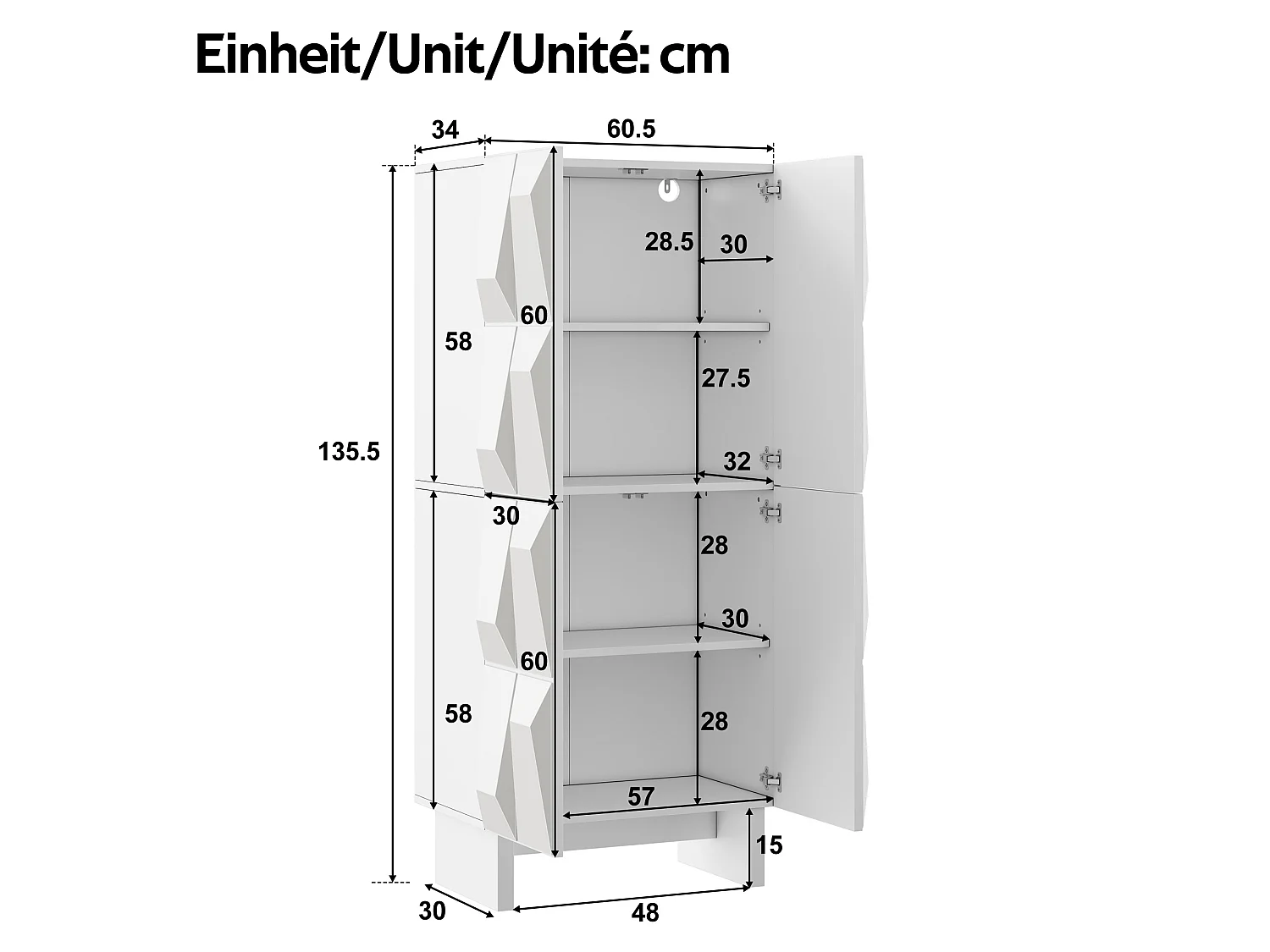 Buffet/Móvel para sapatos - Com 4 portas com decoração em relevo e prateleiras ajustáveis - Painéis de partículas - Branco