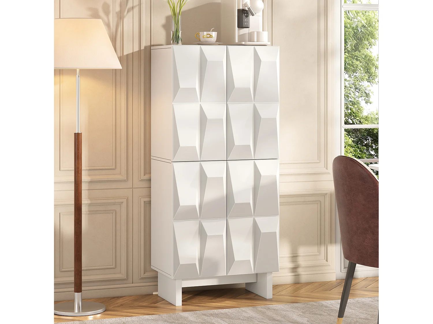 Buffet/Móvel para sapatos - Com 4 portas com decoração em relevo e prateleiras ajustáveis - Painéis de partículas - Branco