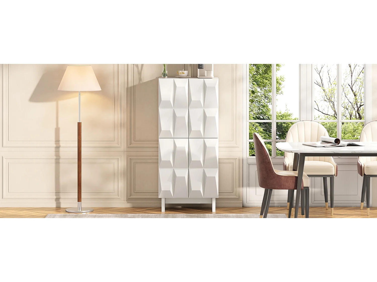 Buffet/Móvel para sapatos - Com 4 portas com decoração em relevo e prateleiras ajustáveis - Painéis de partículas - Branco