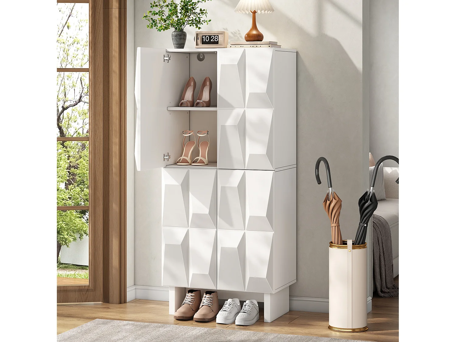 Buffet/Móvel para sapatos - Com 4 portas com decoração em relevo e prateleiras ajustáveis - Painéis de partículas - Branco