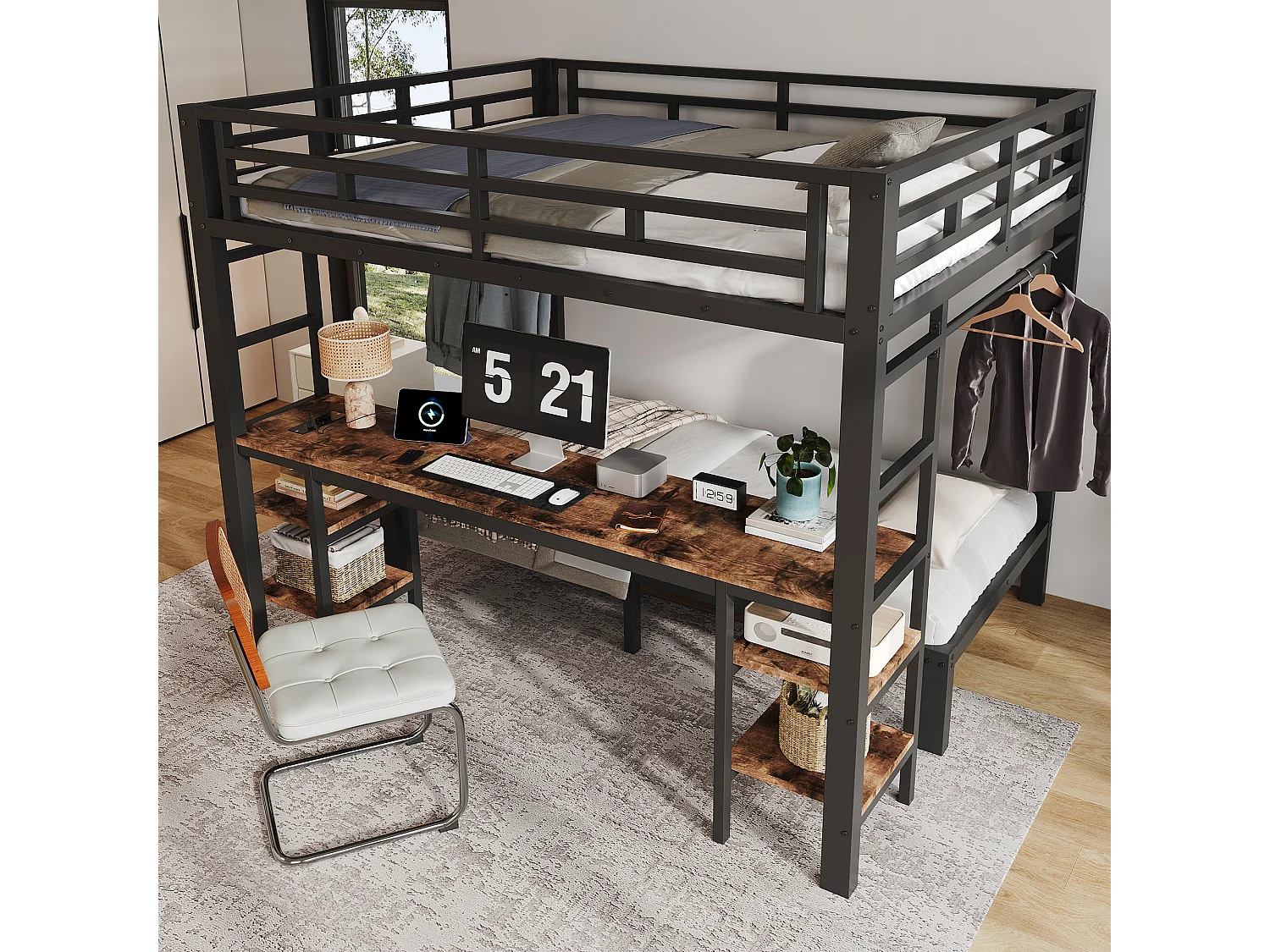 Lit superposé 90x200 cm +140x200 cm - avec bureau et portant à vêtements - avec 2 échelles et port de chargement - Noir (sans matelas)
