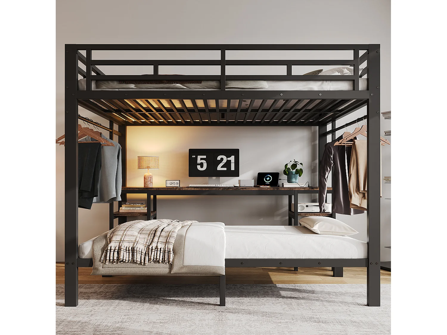 Lit superposé 90x200 cm +140x200 cm - avec bureau et portant à vêtements - avec 2 échelles et port de chargement - Noir (sans matelas)