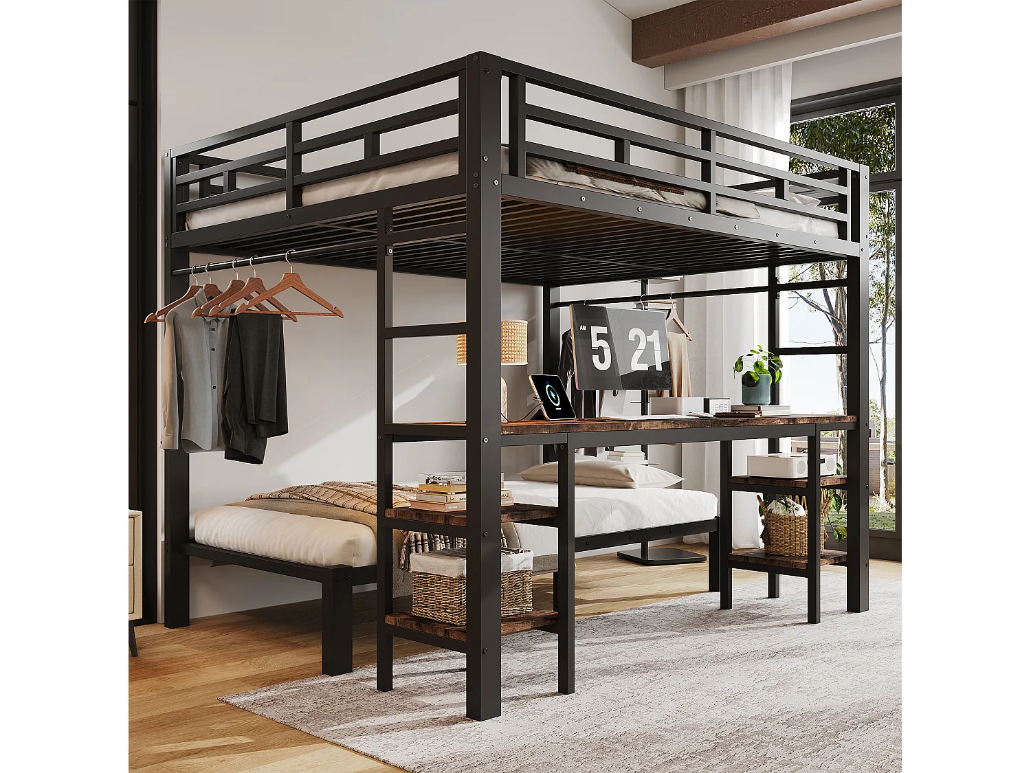 Lit superposé 90x200 cm +140x200 cm - avec bureau et portant à vêtements - avec 2 échelles et port de chargement - Noir (sans matelas)