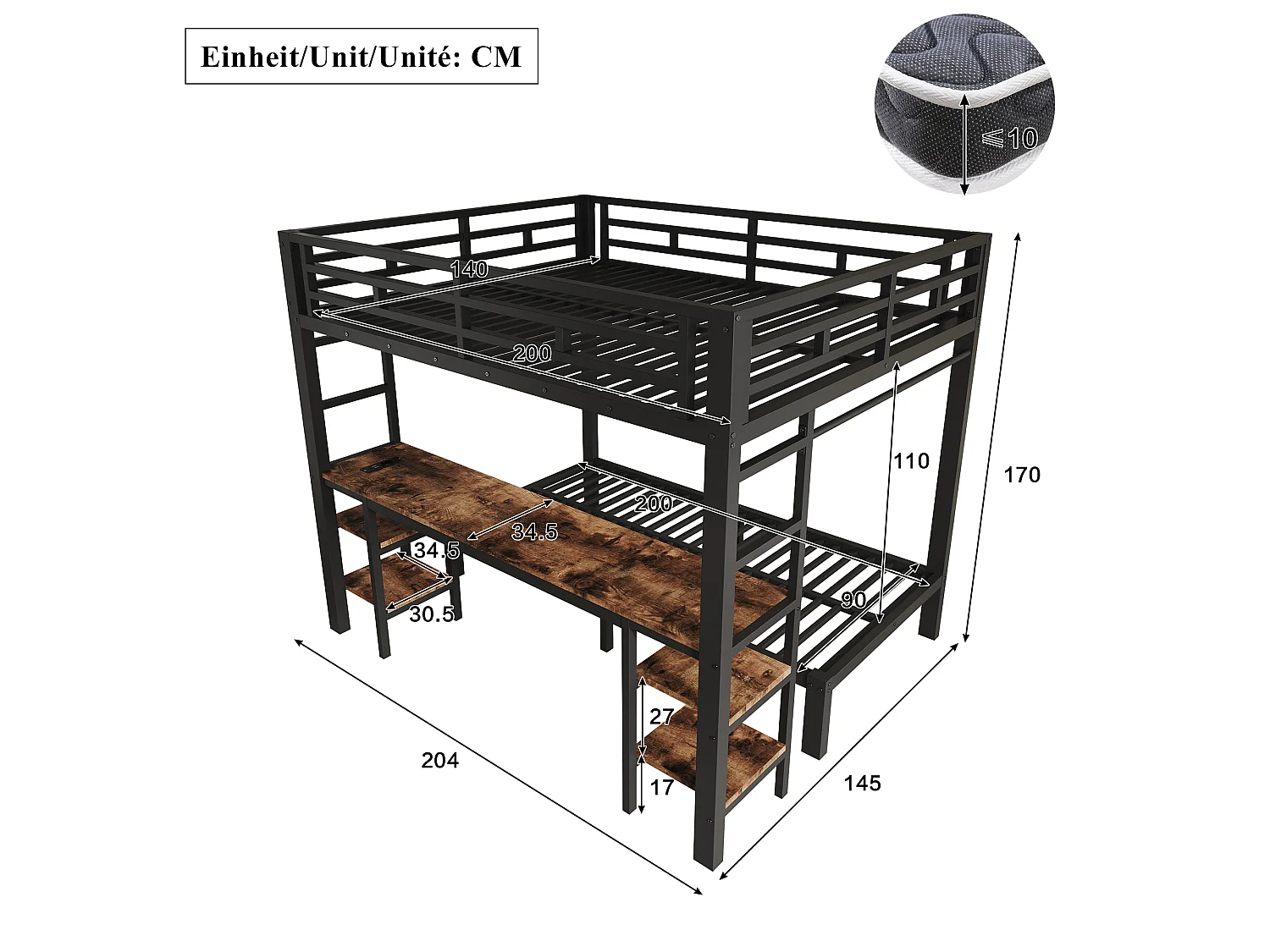 Lit superposé 90x200 cm +140x200 cm - avec bureau et portant à vêtements - avec 2 échelles et port de chargement - Noir (sans matelas)