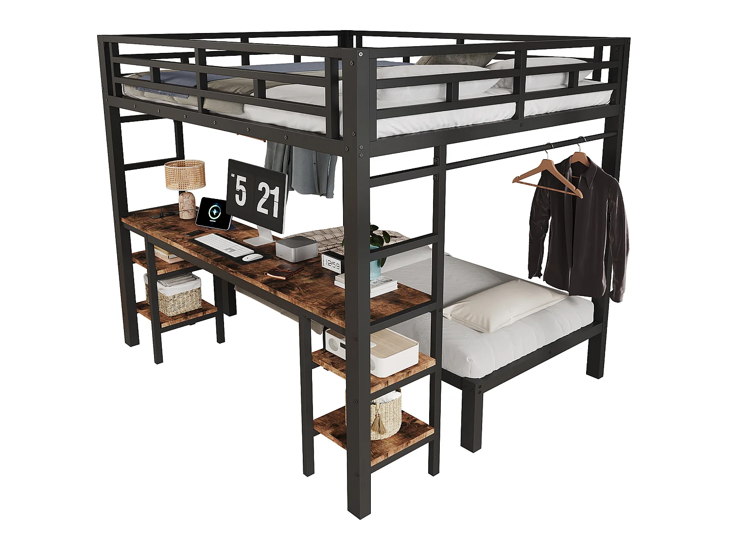 Lit superposé 90x200 cm +140x200 cm - avec bureau et portant à vêtements - avec 2 échelles et port de chargement - Noir (sans matelas)