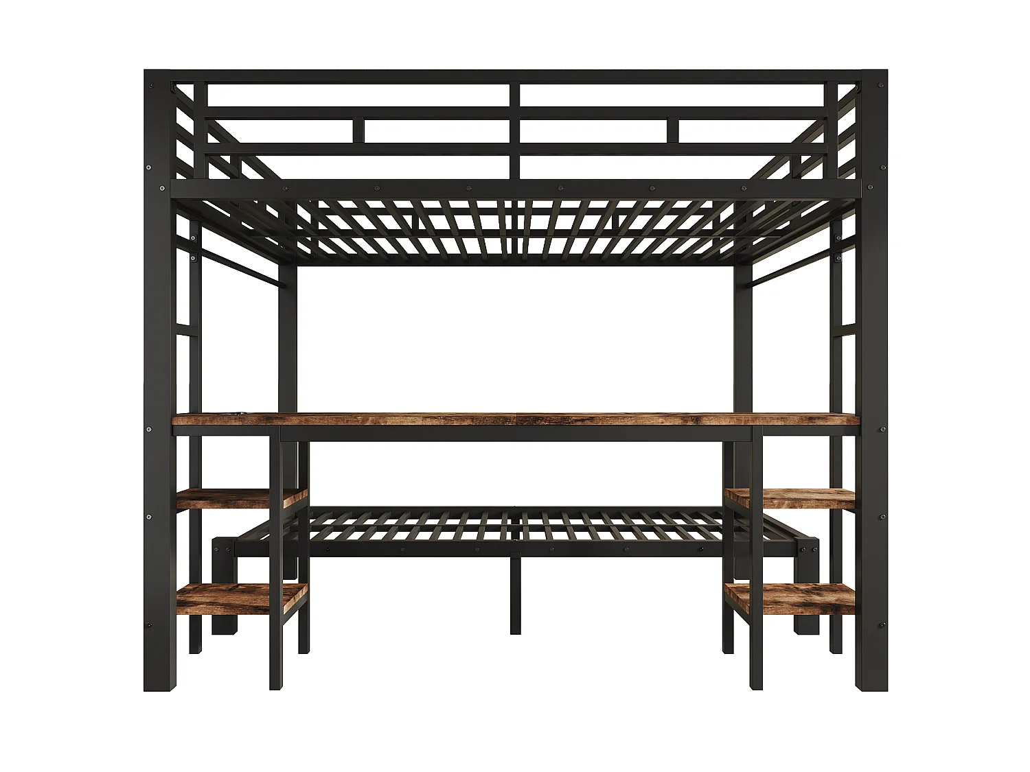 Lit superposé 90x200 cm +140x200 cm - avec bureau et portant à vêtements - avec 2 échelles et port de chargement - Noir (sans matelas)
