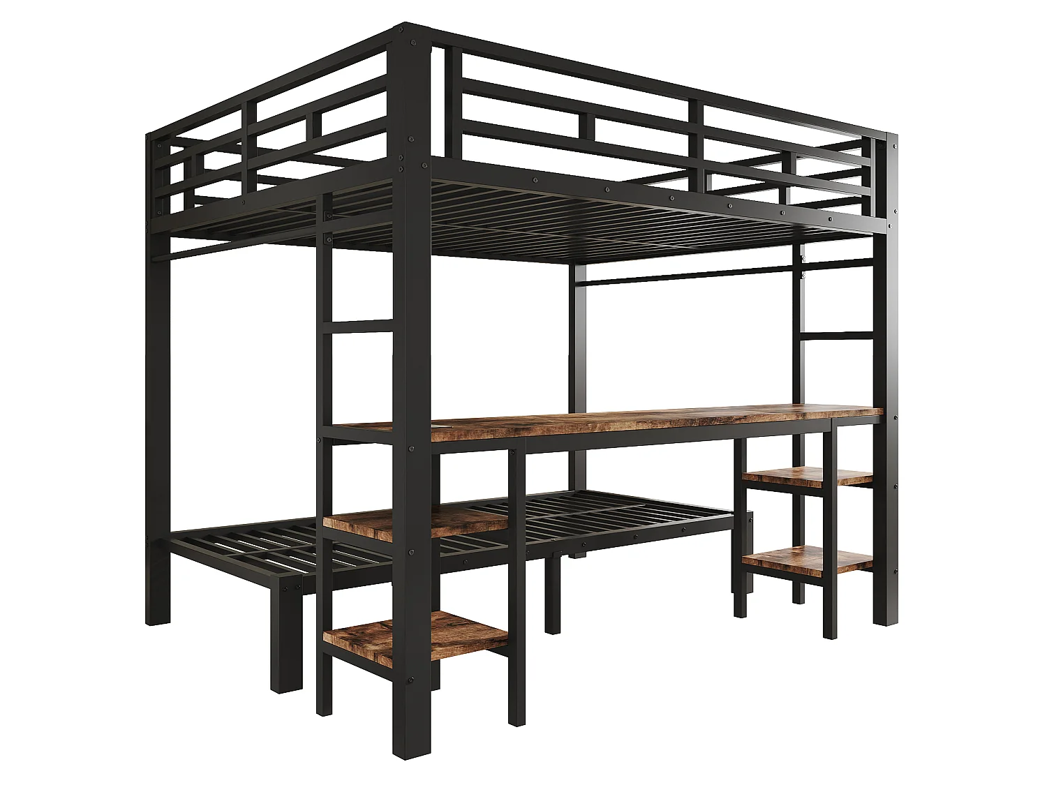 Lit superposé 90x200 cm +140x200 cm - avec bureau et portant à vêtements - avec 2 échelles et port de chargement - Noir (sans matelas)