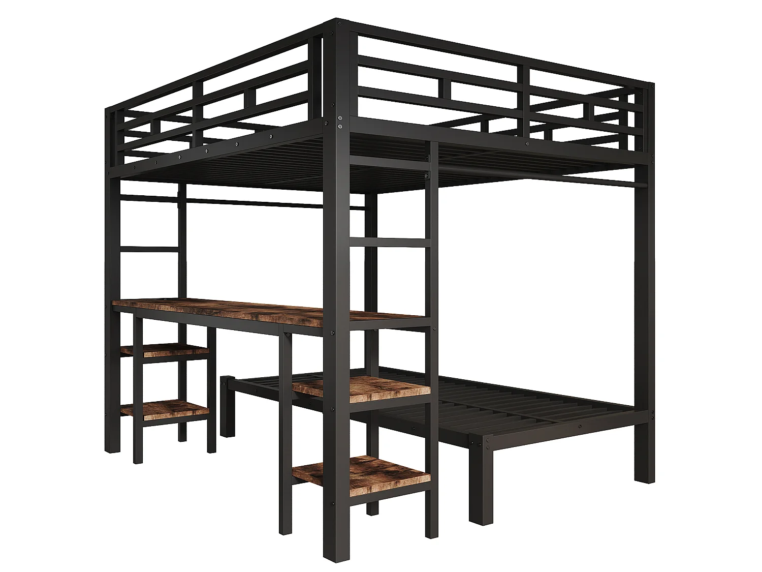 Lit superposé 90x200 cm +140x200 cm - avec bureau et portant à vêtements - avec 2 échelles et port de chargement - Noir (sans matelas)