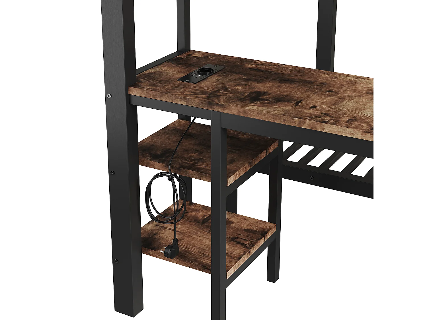 Lit superposé 90x200 cm +140x200 cm - avec bureau et portant à vêtements - avec 2 échelles et port de chargement - Noir (sans matelas)
