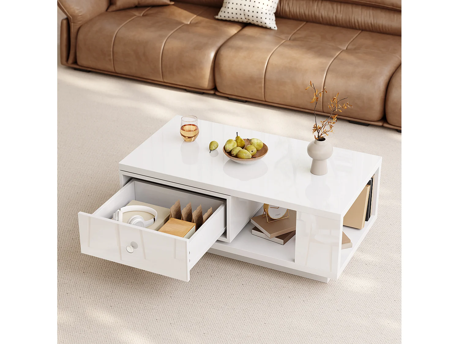 Soffbord 90 x 48 x 35 cm - 1 drejelig skuffe - Blank finish - Åbne hylder - Metalhåndtag - Hvid
