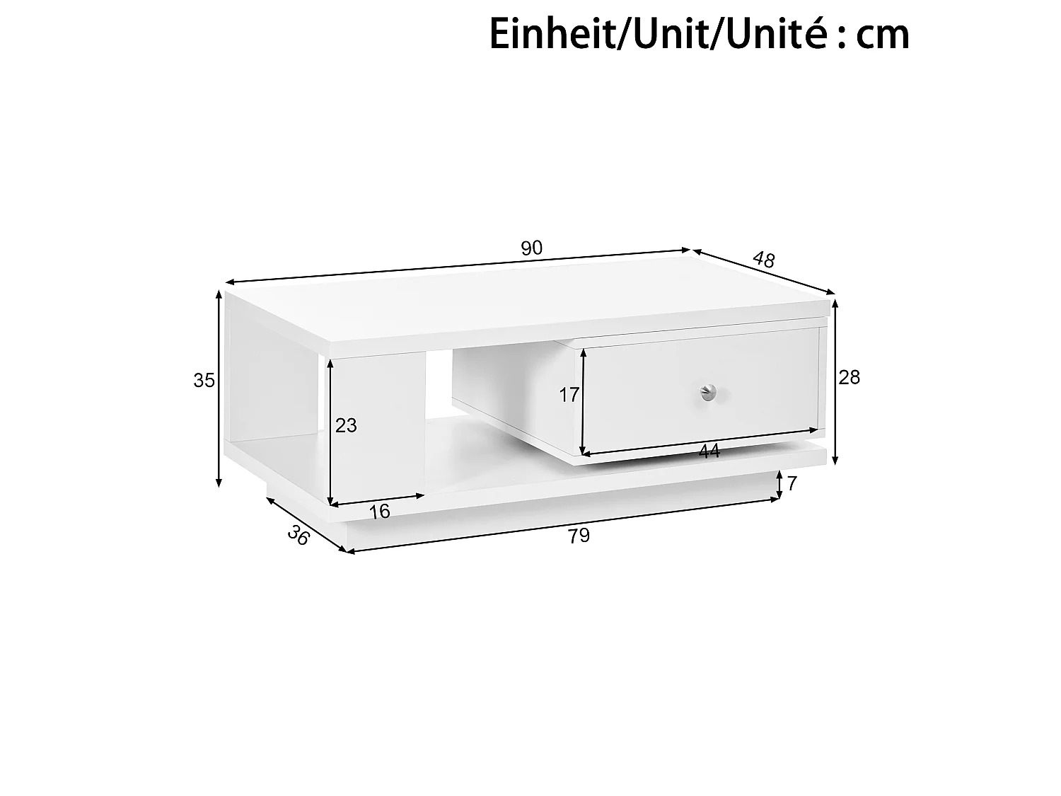 Soffbord 90 x 48 x 35 cm - 1 drejelig skuffe - Blank finish - Åbne hylder - Metalhåndtag - Hvid