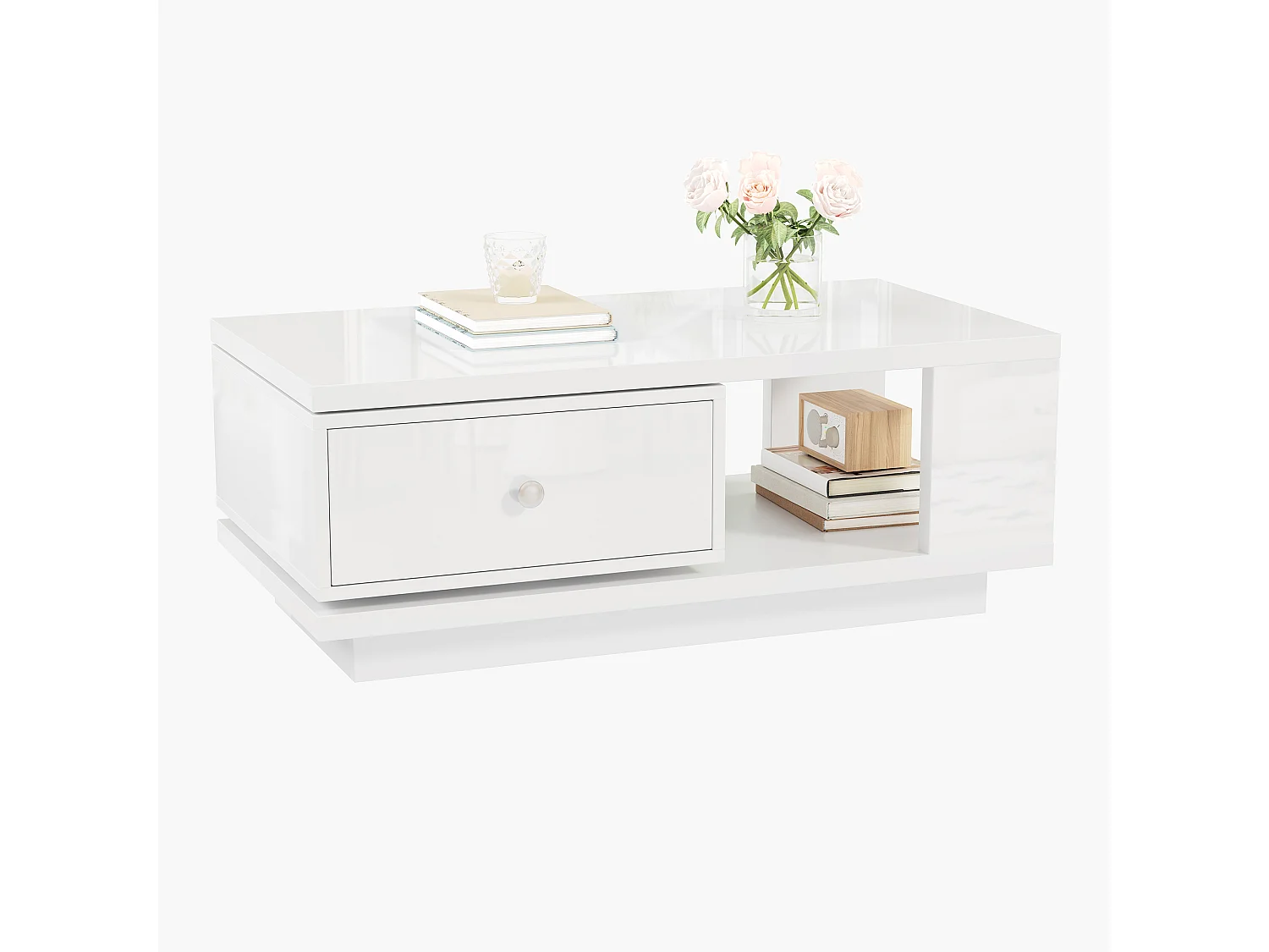 Soffbord 90 x 48 x 35 cm - 1 drejelig skuffe - Blank finish - Åbne hylder - Metalhåndtag - Hvid