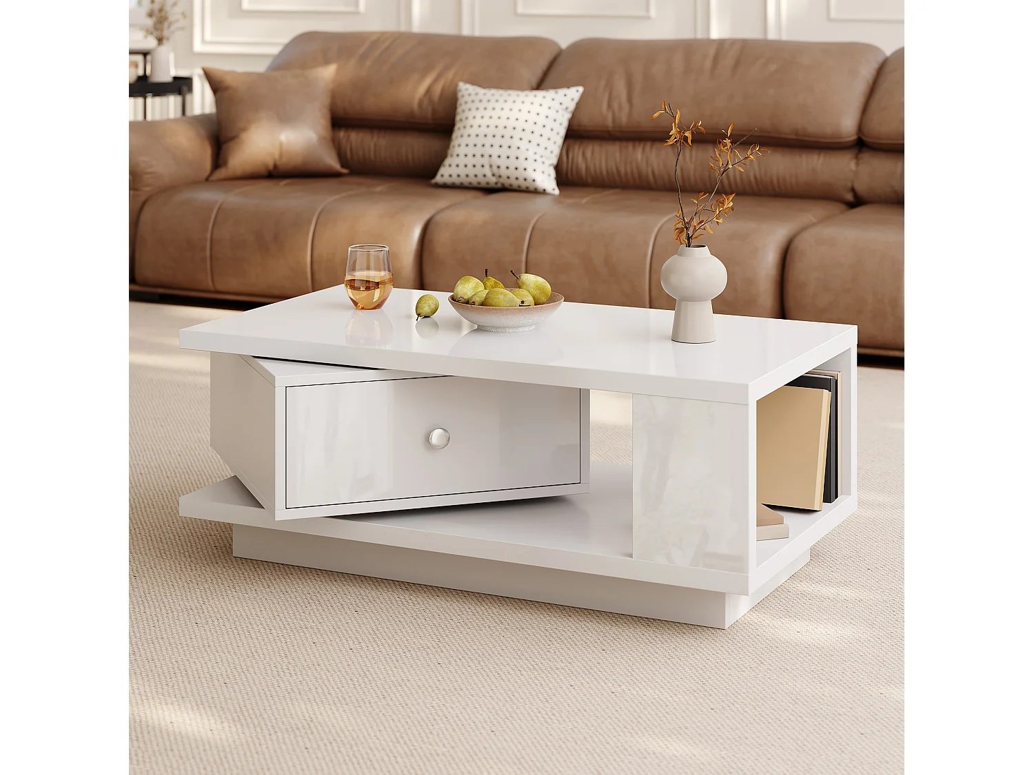 Soffbord 90 x 48 x 35 cm - 1 drejelig skuffe - Blank finish - Åbne hylder - Metalhåndtag - Hvid