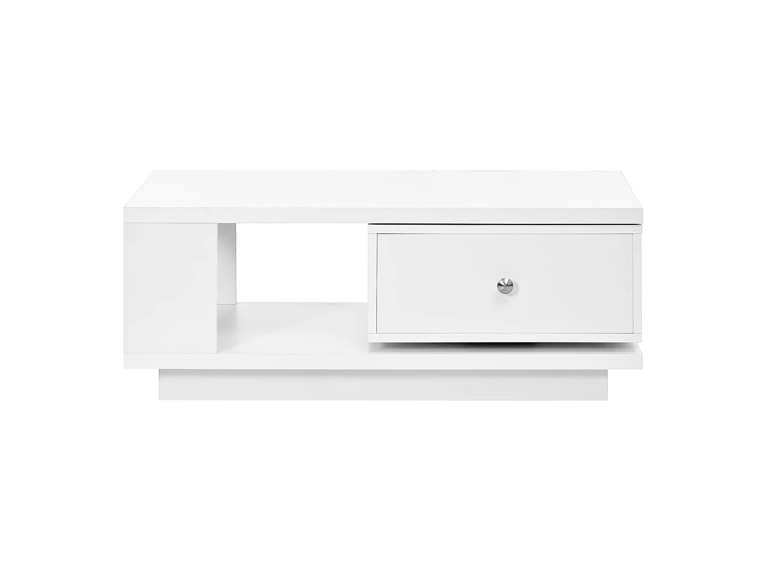 Soffbord 90 x 48 x 35 cm - 1 drejelig skuffe - Blank finish - Åbne hylder - Metalhåndtag - Hvid