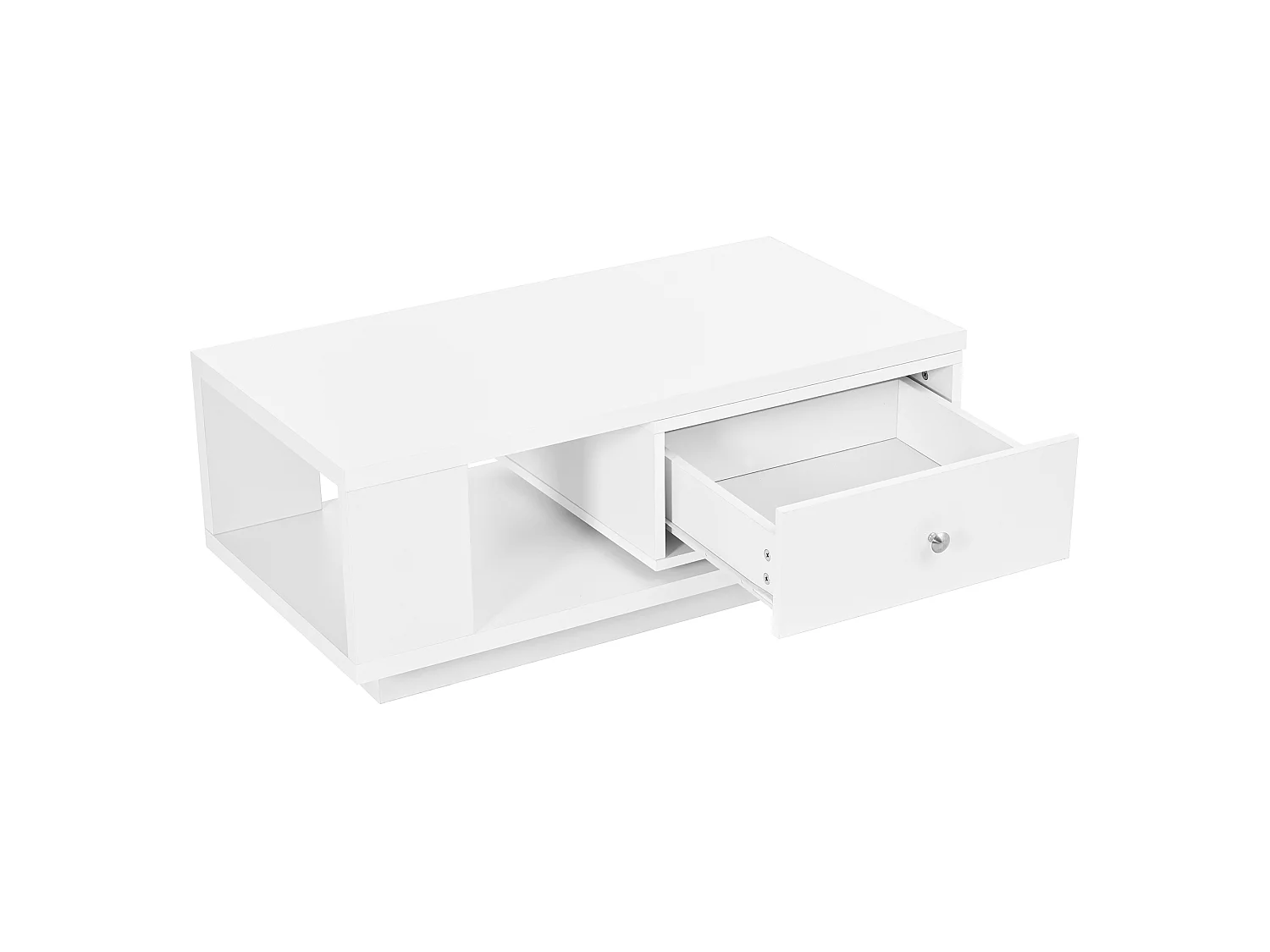 Soffbord 90 x 48 x 35 cm - 1 drejelig skuffe - Blank finish - Åbne hylder - Metalhåndtag - Hvid