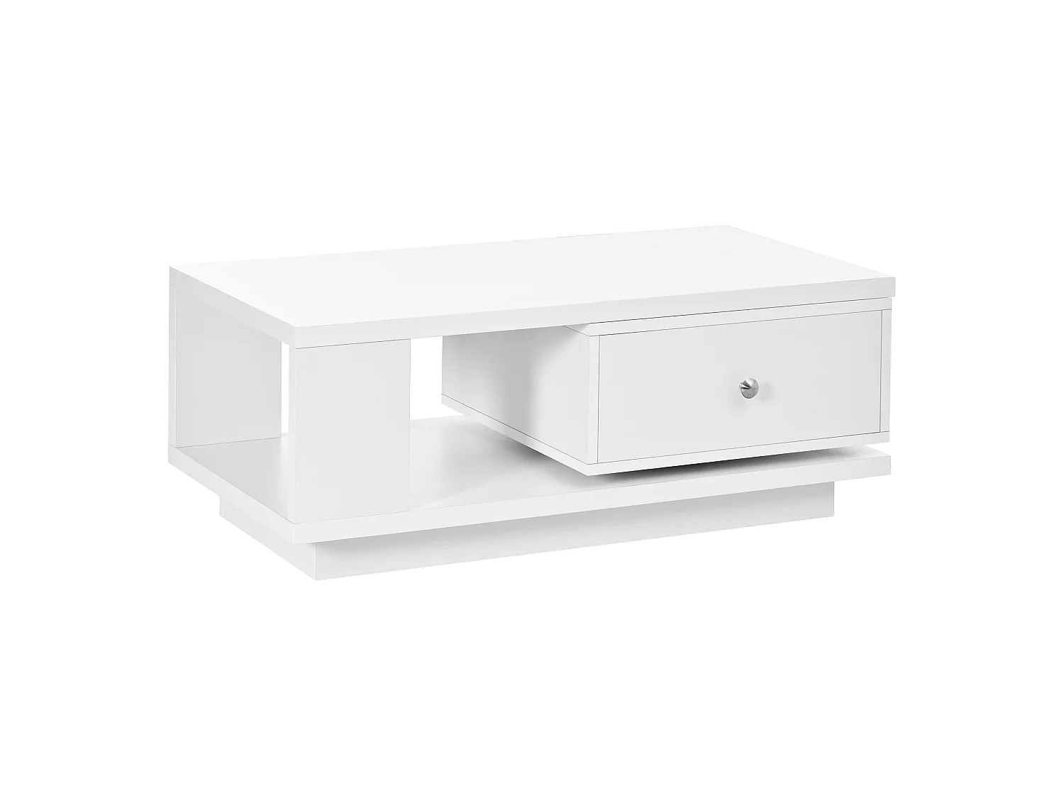 Soffbord 90 x 48 x 35 cm - 1 drejelig skuffe - Blank finish - Åbne hylder - Metalhåndtag - Hvid