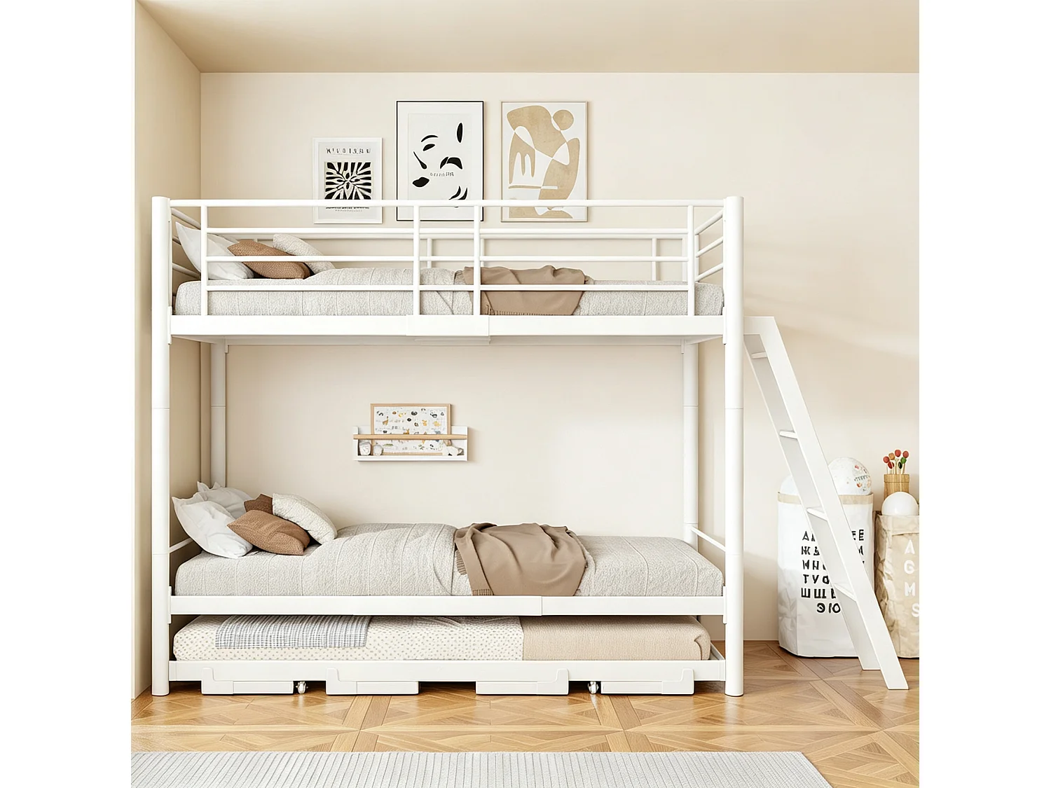 Lit superposé en métal 90 x 200 cm - avec lit gigogne - avec échelle de sécurité - avec barrières de sécurité - blanc (matelas non inclus)