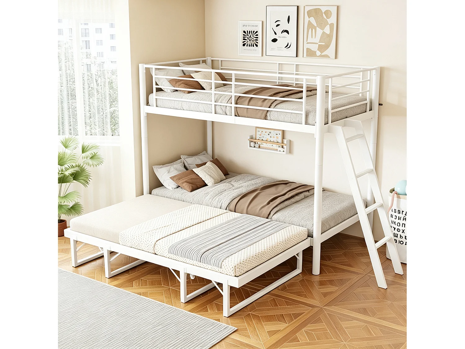 Lit superposé en métal 90 x 200 cm - avec lit gigogne - avec échelle de sécurité - avec barrières de sécurité - blanc (matelas non inclus)